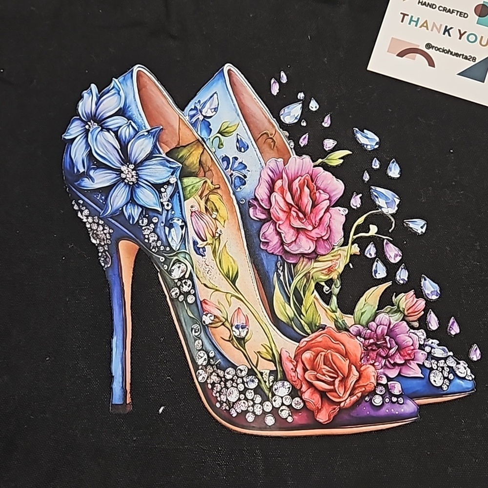 Hand Crafted Reusable Black Canvas Tote Bag 100% Cotton Floral Blue Heels 13x13" - Picture 6 of 17